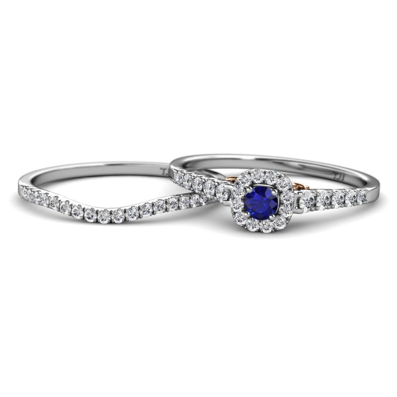 Florence Prima Blue Sapphire and Diamond Halo Bridal Set Ring 