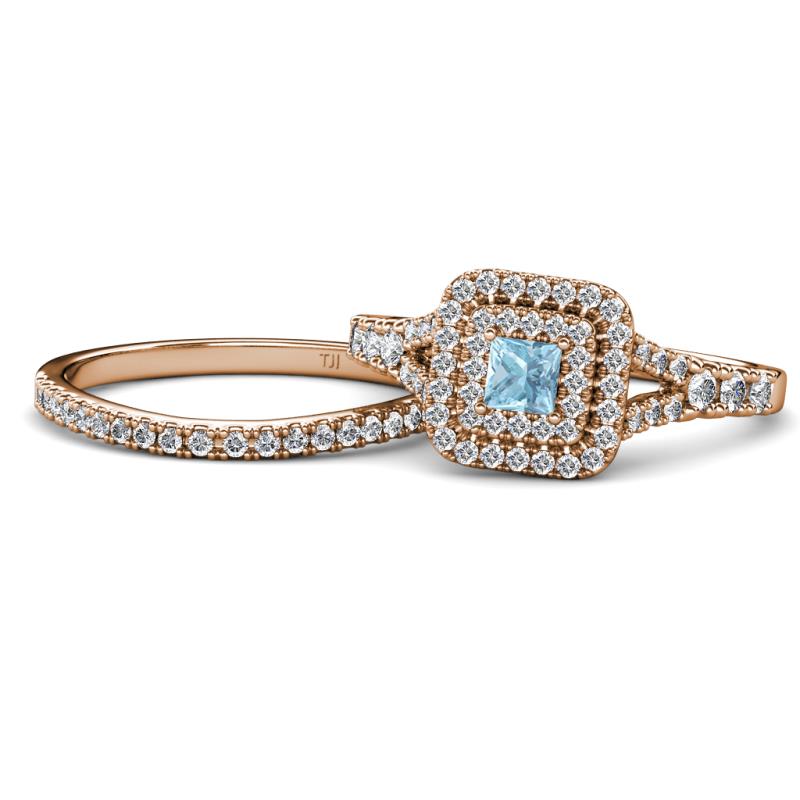 Zinnia Prima Aquamarine and Diamond Double Halo Bridal Set Ring 