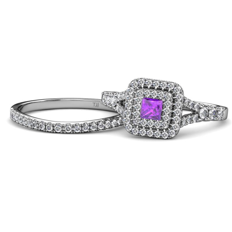 Zinnia Prima Amethyst and Diamond Double Halo Bridal Set Ring 