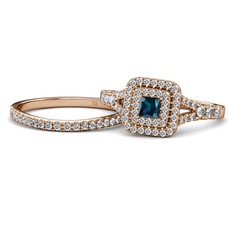 Zinnia Prima Blue and White Diamond Double Halo Bridal Set Ring 