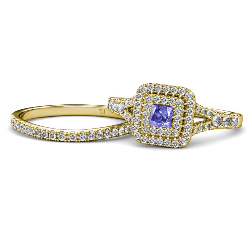 Zinnia Prima Tanzanite and Diamond Double Halo Bridal Set Ring 