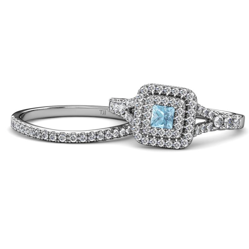 Zinnia Prima Aquamarine and Diamond Double Halo Bridal Set Ring 