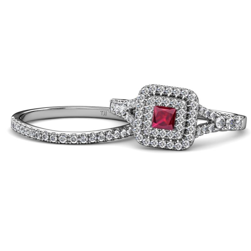 Zinnia Prima Ruby and Diamond Double Halo Bridal Set Ring 