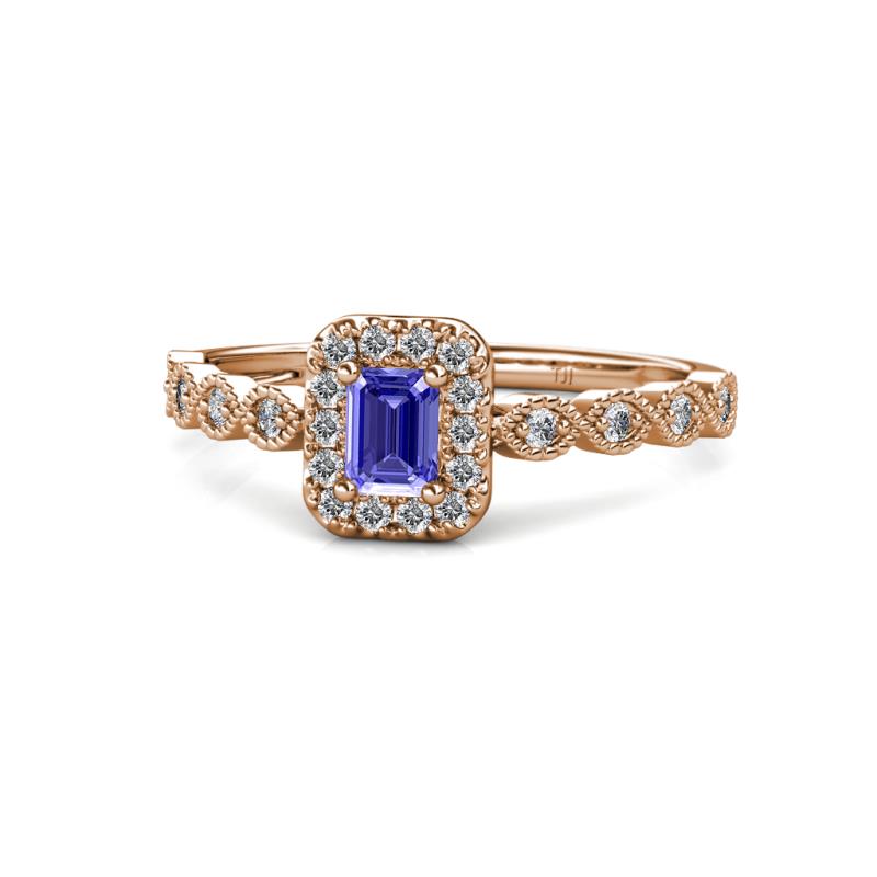 Gloria Prima Emerald Cut Tanzanite and Diamond Halo Engagement Ring 