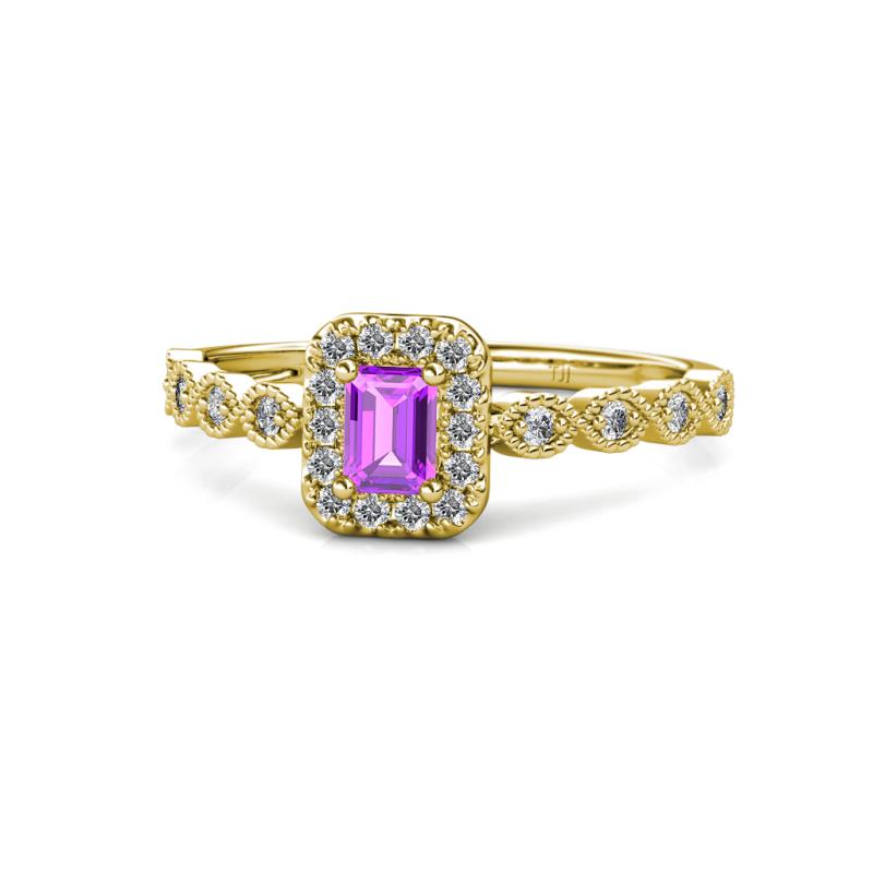 Gloria Prima Emerald Cut Amethyst and Diamond Halo Engagement Ring 