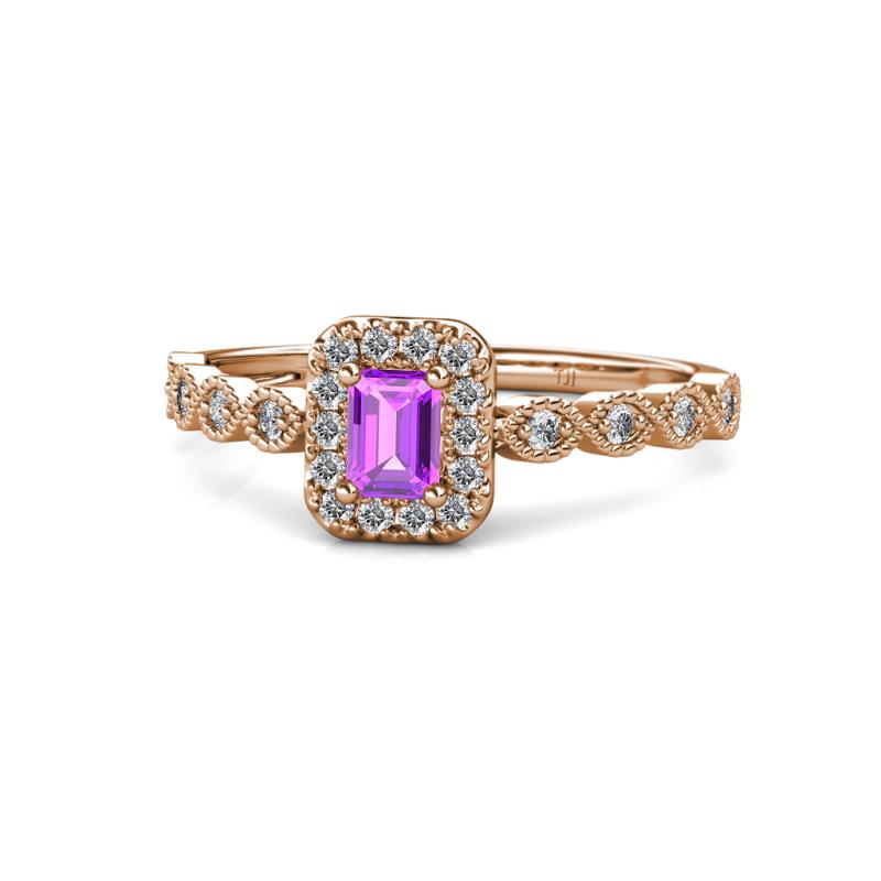 Gloria Prima Emerald Cut Amethyst and Diamond Halo Engagement Ring 