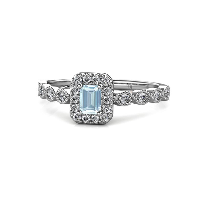 Gloria Prima Emerald Cut Aquamarine and Diamond Halo Engagement Ring 