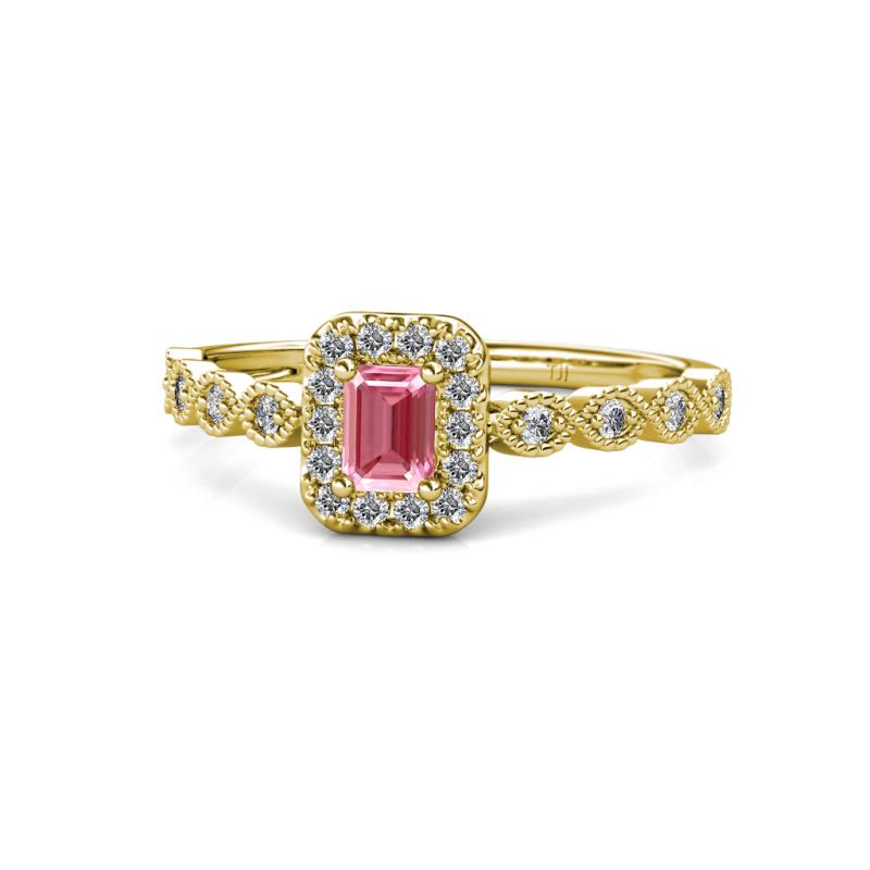Gloria Prima Emerald Cut Pink Tourmaline and Diamond Halo Engagement Ring 