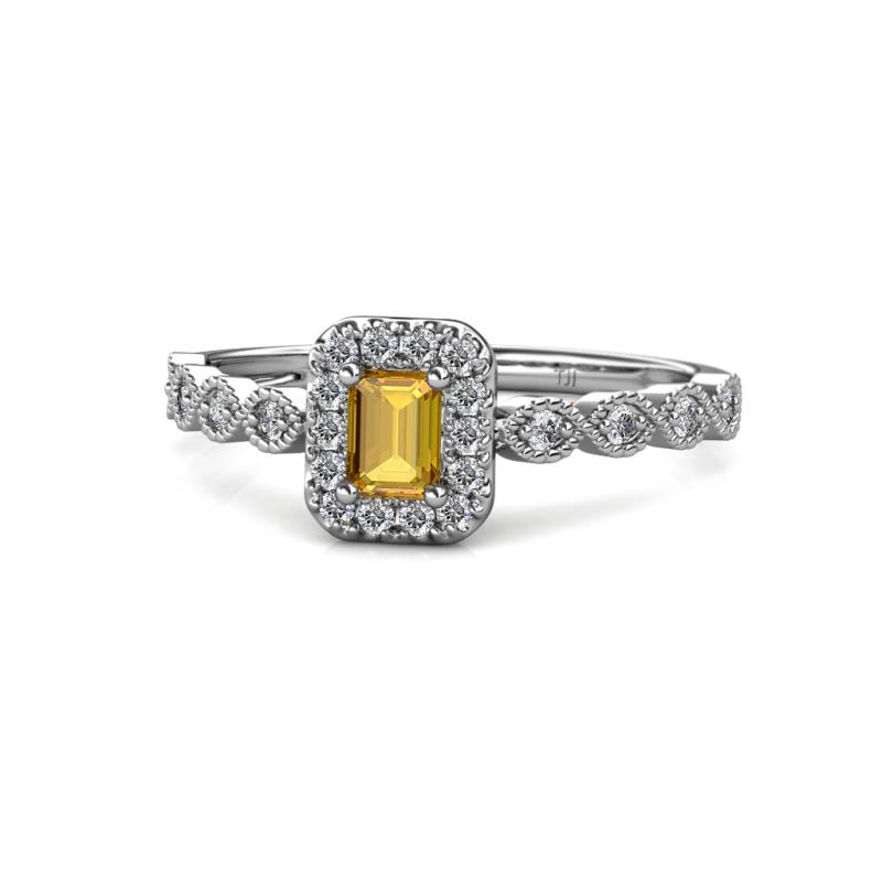 Gloria Prima Emerald Cut Citrine and Diamond Halo Engagement Ring 
