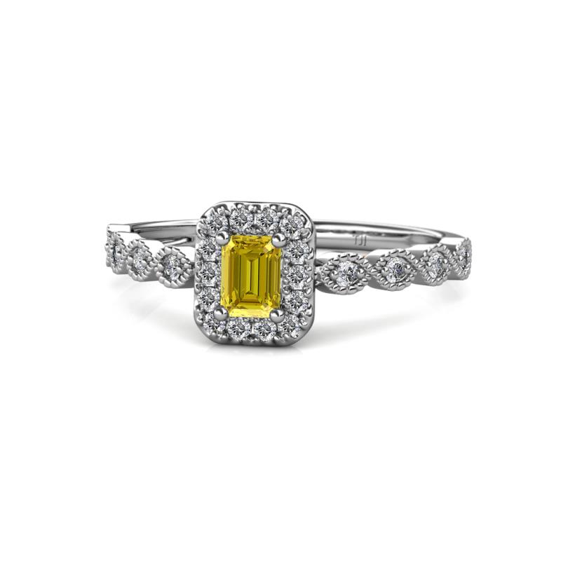 Gloria Prima Emerald Cut Yellow Sapphire and Diamond Halo Engagement Ring 