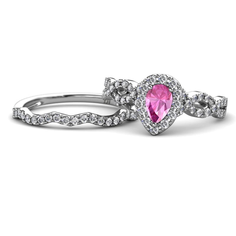 Susan Prima Pink Sapphire and Diamond Halo Bridal Set Ring 