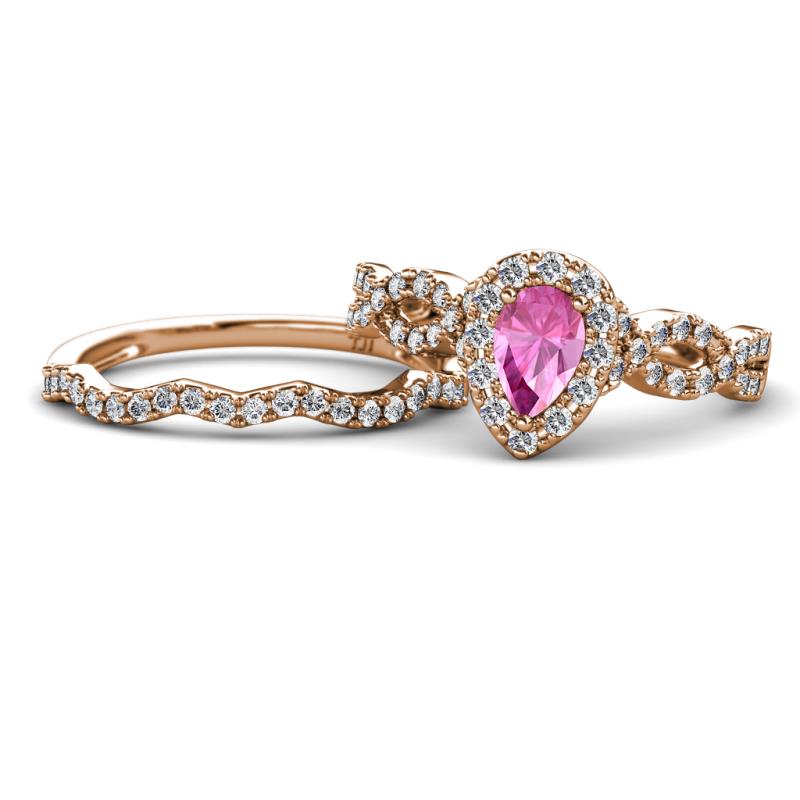 Susan Prima Pink Sapphire and Diamond Halo Bridal Set Ring 