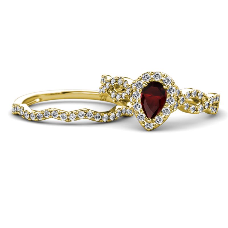 Susan Prima Red Garnet and Diamond Halo Bridal Set Ring 