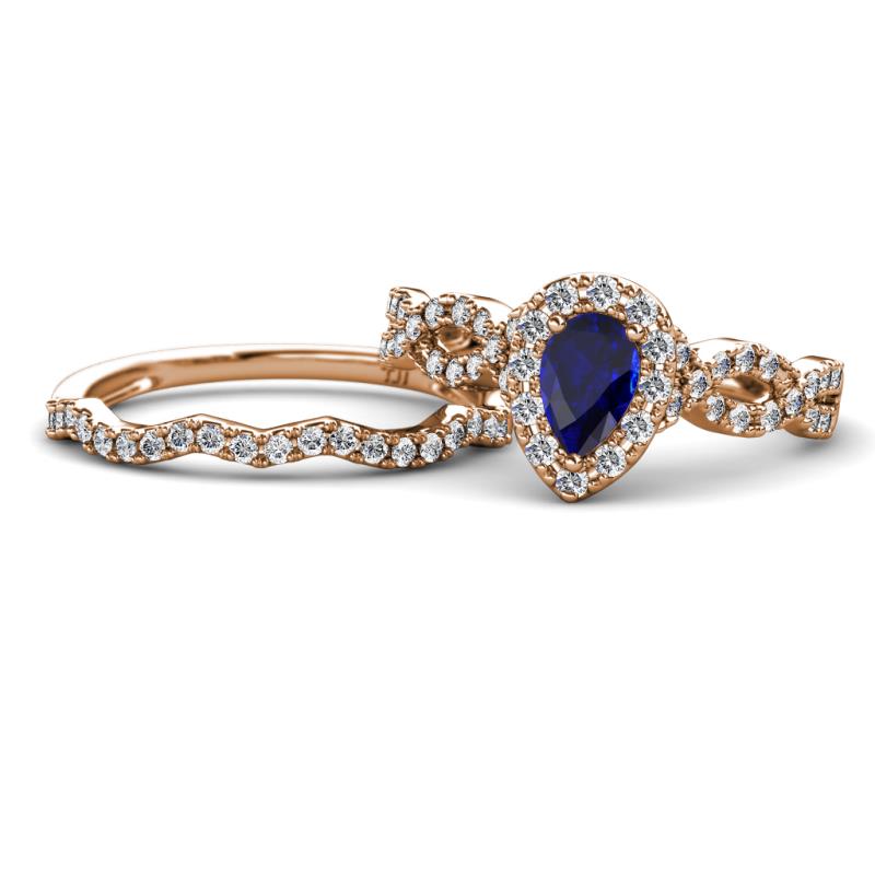Susan Prima Blue Sapphire and Diamond Halo Bridal Set Ring 