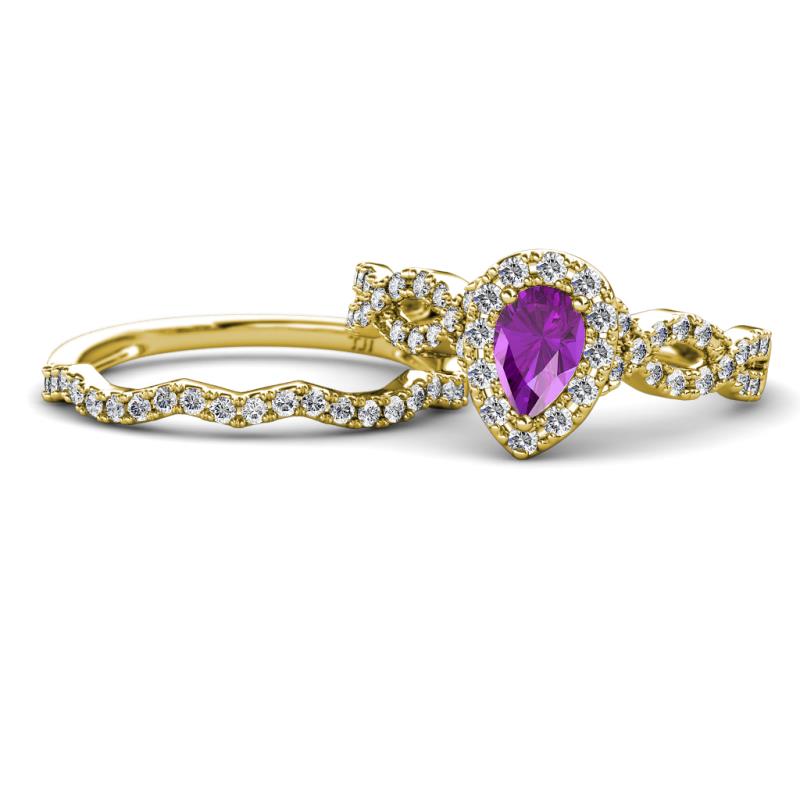 Susan Prima Amethyst and Diamond Halo Bridal Set Ring 