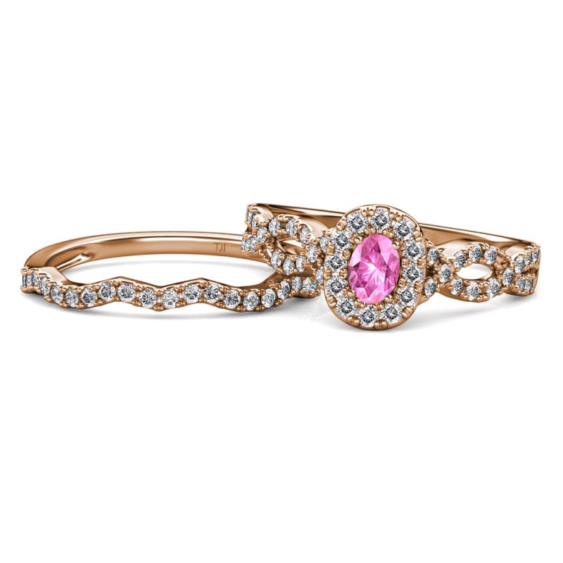 Susan Prima Pink Sapphire and Diamond Halo Bridal Set Ring 
