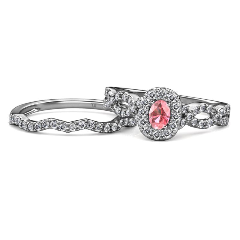 Susan Prima Pink Tourmaline and Diamond Halo Bridal Set Ring 