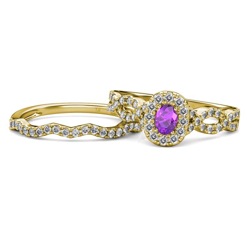 Susan Prima Amethyst and Diamond Halo Bridal Set Ring 