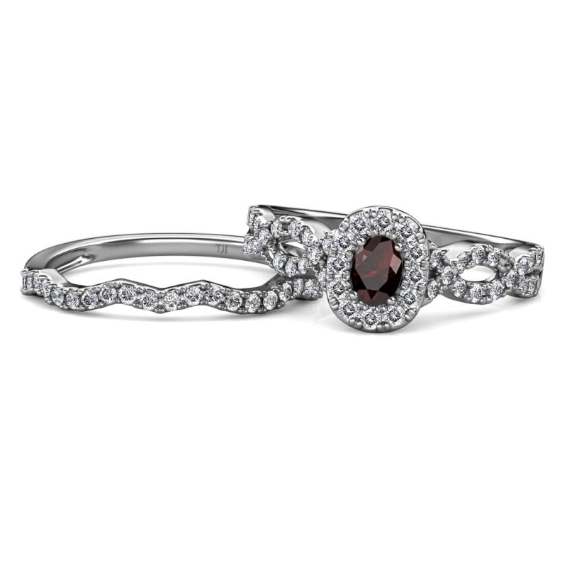 Susan Prima Red Garnet and Diamond Halo Bridal Set Ring 