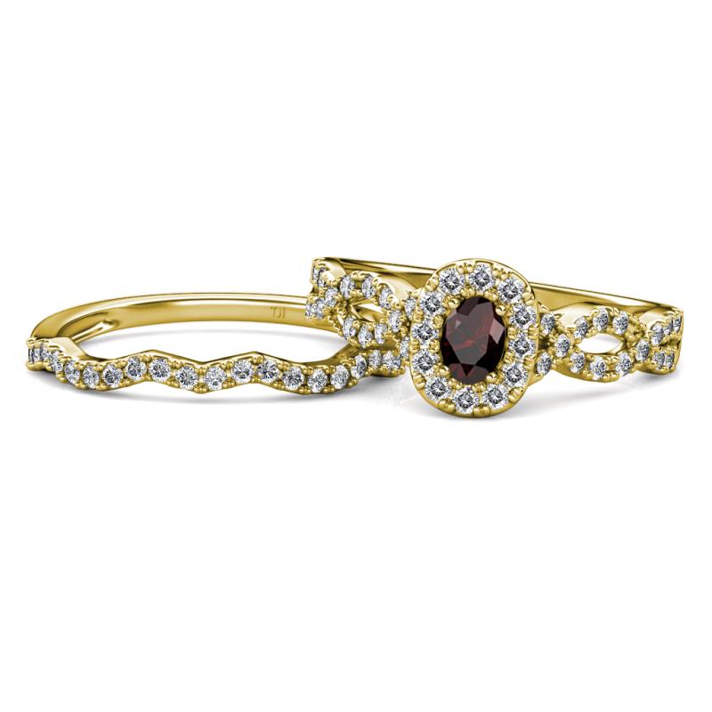 Susan Prima Red Garnet and Diamond Halo Bridal Set Ring 