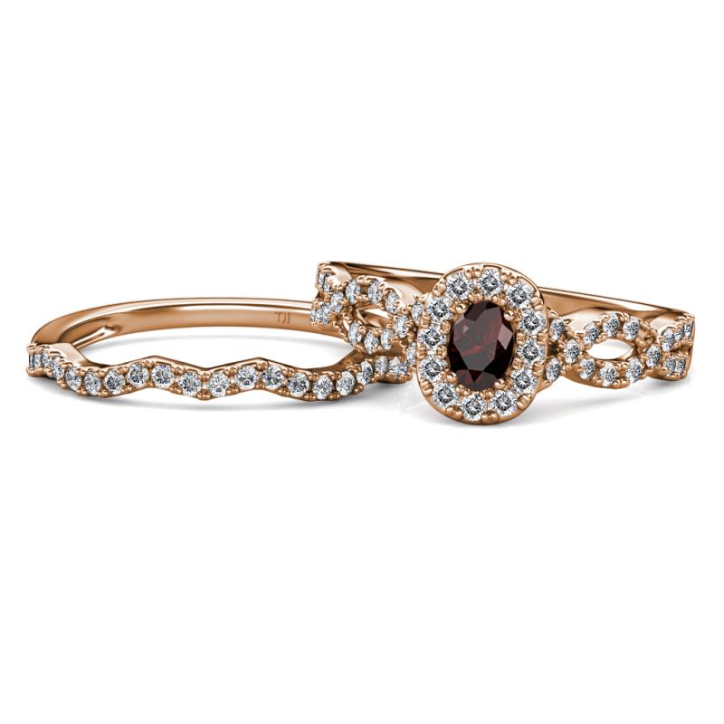 Susan Prima Red Garnet and Diamond Halo Bridal Set Ring 