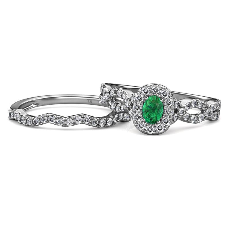 Susan Prima Emerald and Diamond Halo Bridal Set Ring 