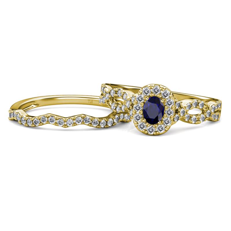 Susan Prima Blue Sapphire and Diamond Halo Bridal Set Ring 