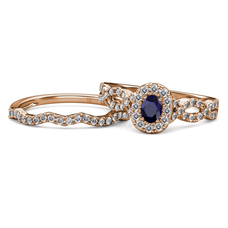 Susan Prima Blue Sapphire and Diamond Halo Bridal Set Ring 