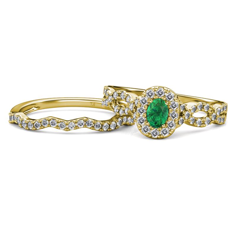 Susan Prima Emerald and Diamond Halo Bridal Set Ring 