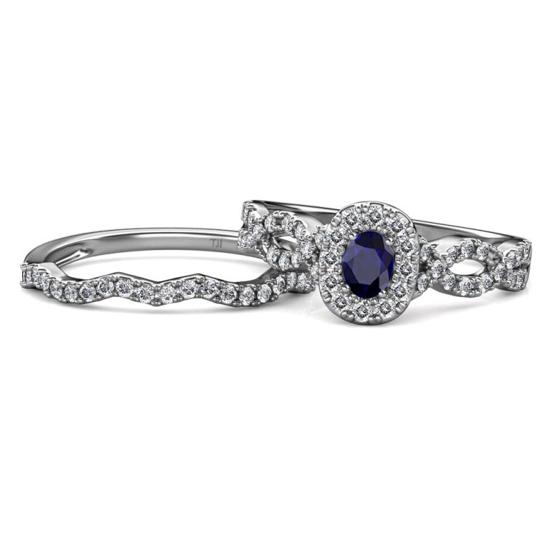 Susan Prima Blue Sapphire and Diamond Halo Bridal Set Ring 