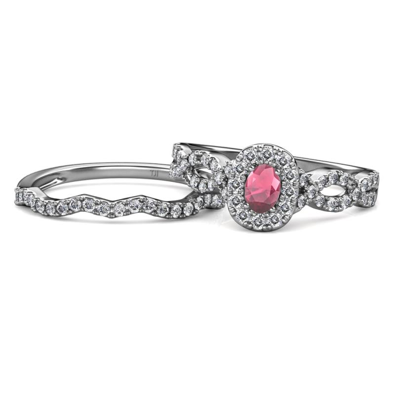 Susan Prima Rhodolite Garnet and Diamond Halo Bridal Set Ring 