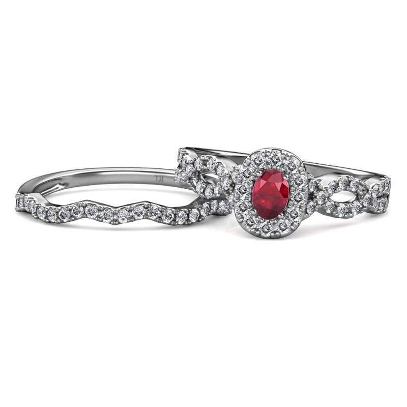 Susan Prima Ruby and Diamond Halo Bridal Set Ring 