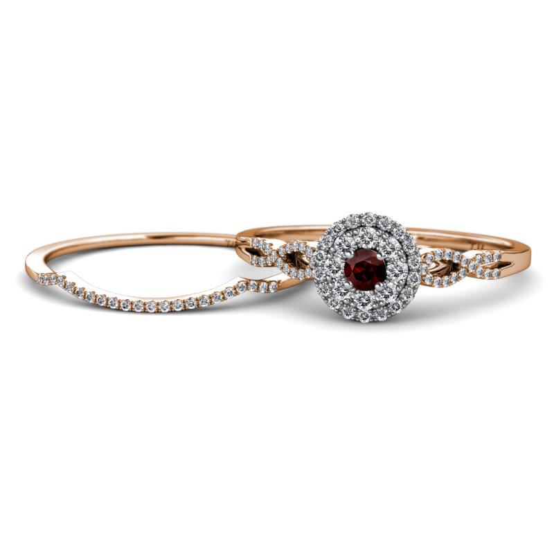 Iliana Prima Red Garnet and Diamond Halo Bridal Set Ring 