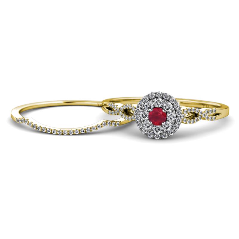 Iliana Prima Ruby and Diamond Halo Bridal Set Ring 