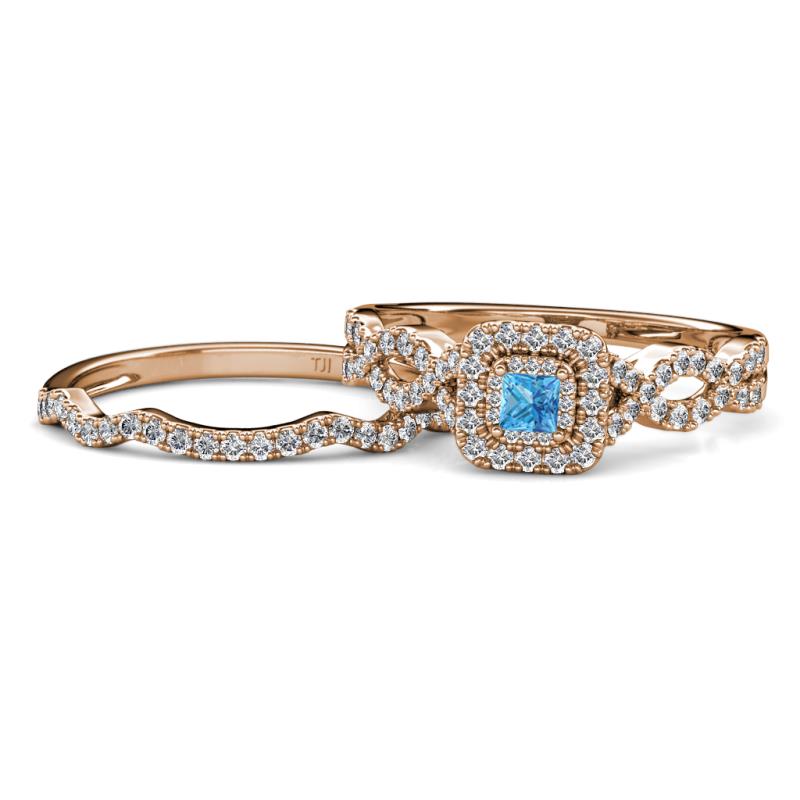 Eyana Prima Blue Topaz and Diamond Double Halo Bridal Set Ring 