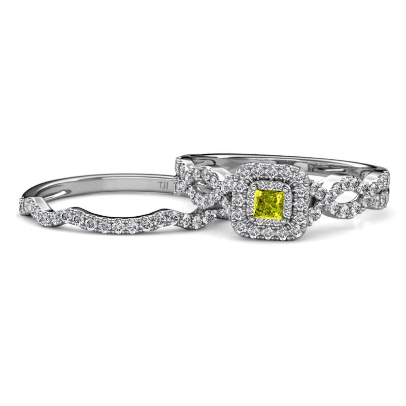 Eyana Prima Yellow and White Diamond Double Halo Bridal Set Ring 