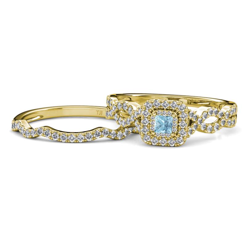 Eyana Prima Aquamarine and Diamond Double Halo Bridal Set Ring 