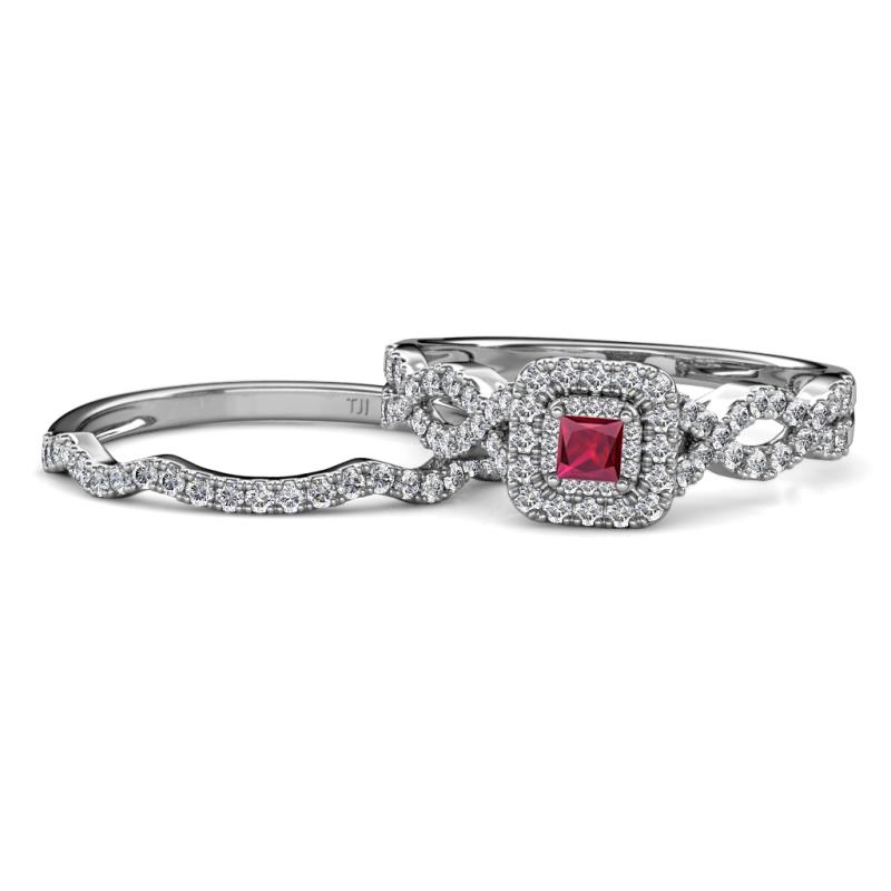 Eyana Prima Ruby and Diamond Double Halo Bridal Set Ring 