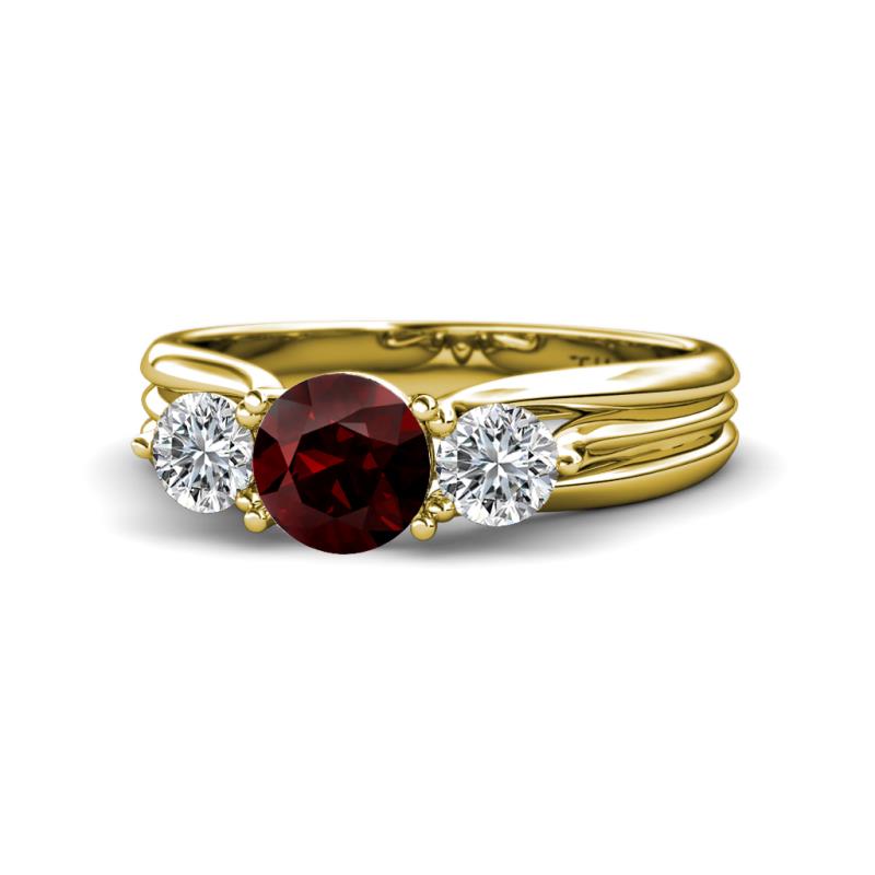 Alyssa 1.49 ctw (6.50 mm) Round Red Garnet and Lab Grown Diamond Three Stone Engagement Ring 