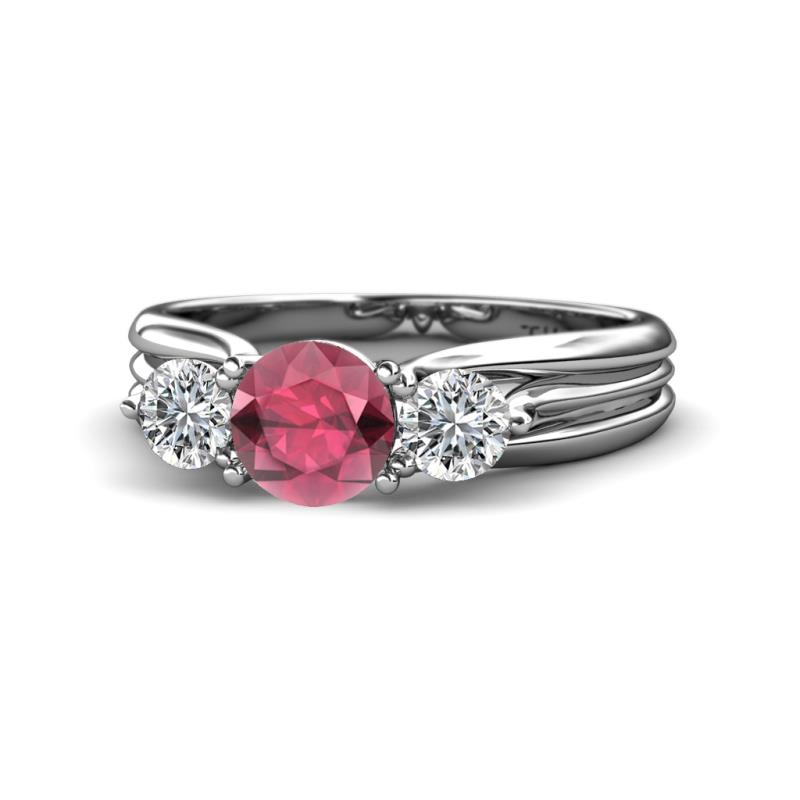 Alyssa 1.44 ctw (6.50 mm) Round Rhodolite Garnet and Lab Grown Diamond Three Stone Engagement Ring 