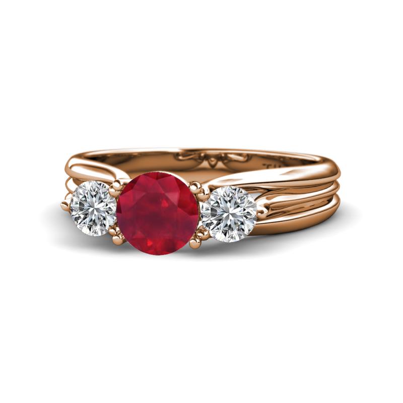 Alyssa 1.39 ctw (6.00 mm) Round Ruby and Lab Grown Diamond Three Stone Engagement Ring 