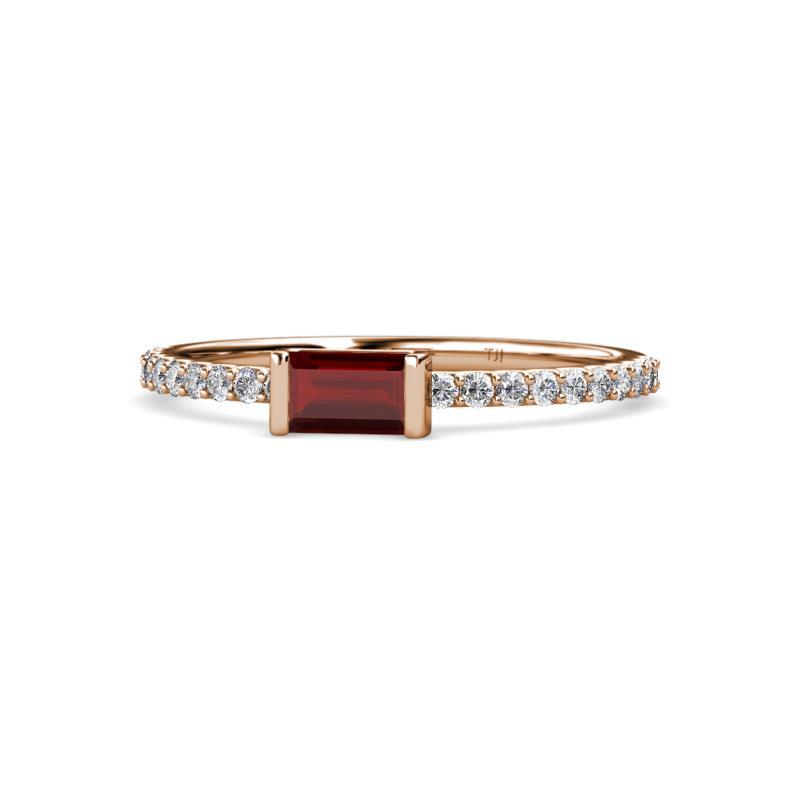 Annia 5x3 mm Bold Emerald Cut Red Garnet and Round Diamond Promise Ring 