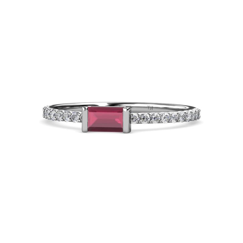 Annia 5x3 mm Bold Emerald Cut Rhodolite Garnet and Round Diamond Promise Ring 