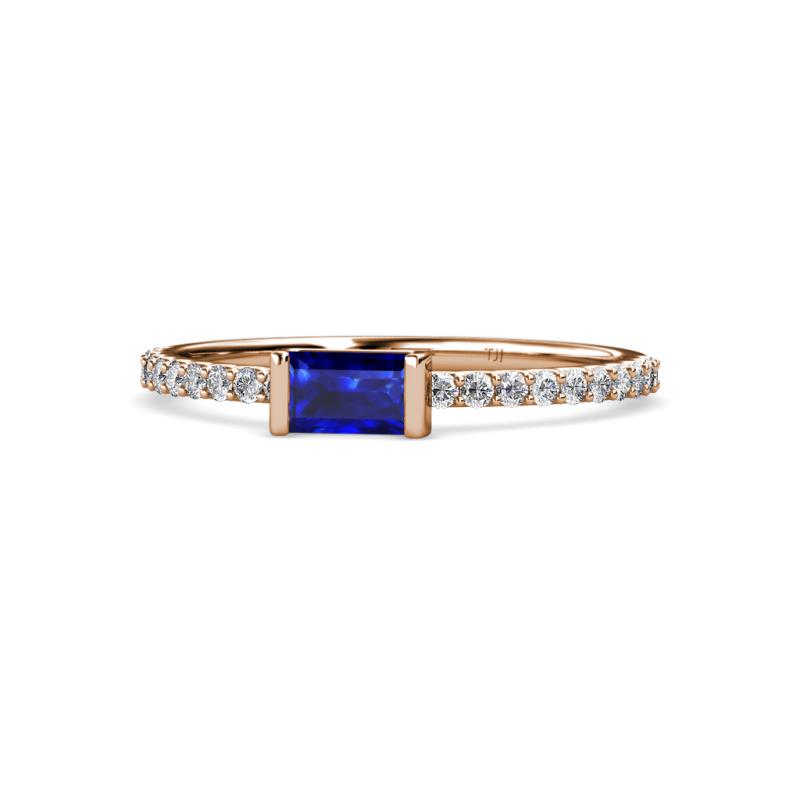 Annia 5x3 mm Bold Emerald Cut Blue Sapphire and Round Diamond Promise Ring 