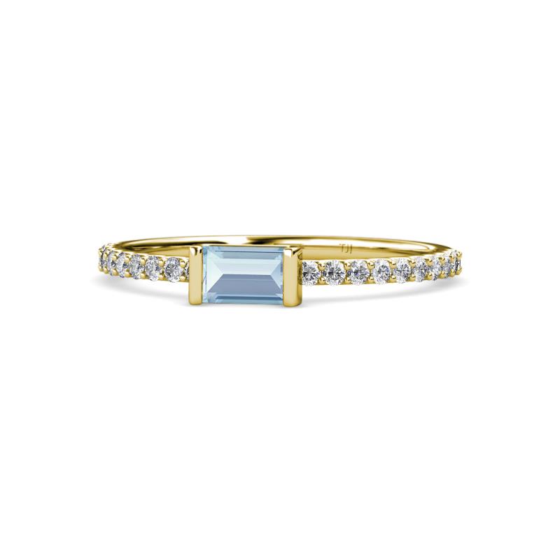 Annia 5x3 mm Bold Emerald Cut Aquamarine and Round Diamond Promise Ring 