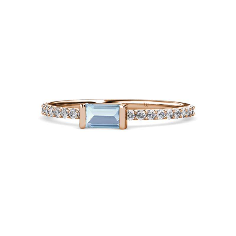Annia 5x3 mm Bold Emerald Cut Aquamarine and Round Diamond Promise Ring 