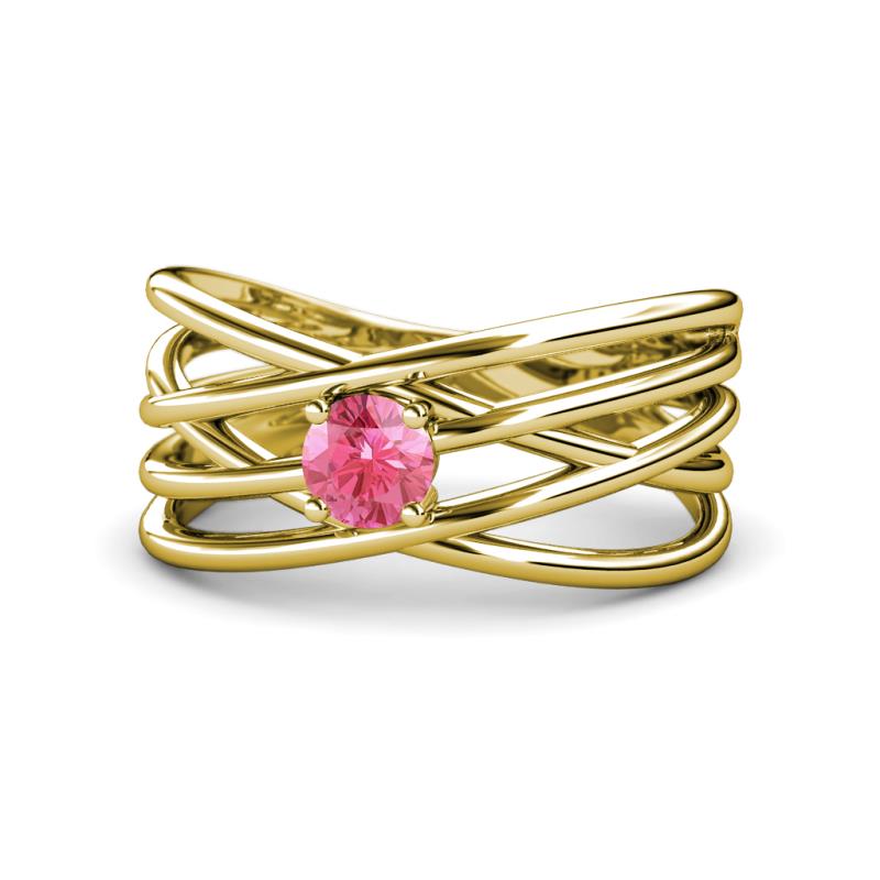 Marini Bold Round Pink Tourmaline Solitaire Criss Cross Promise Ring 