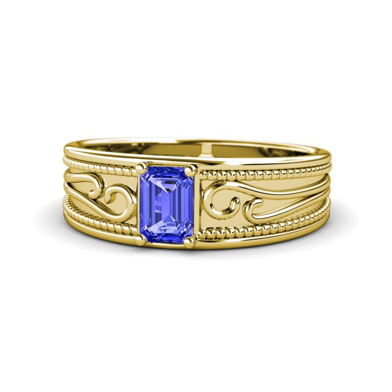 Aileen Bold 7x5 mm Emerald Shape Tanzanite Solitaire Wide Band Promise Ring 