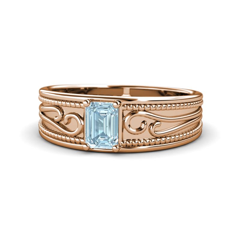 Aileen Bold 7x5 mm Emerald Shape Aquamarine Solitaire Wide Band Promise Ring 