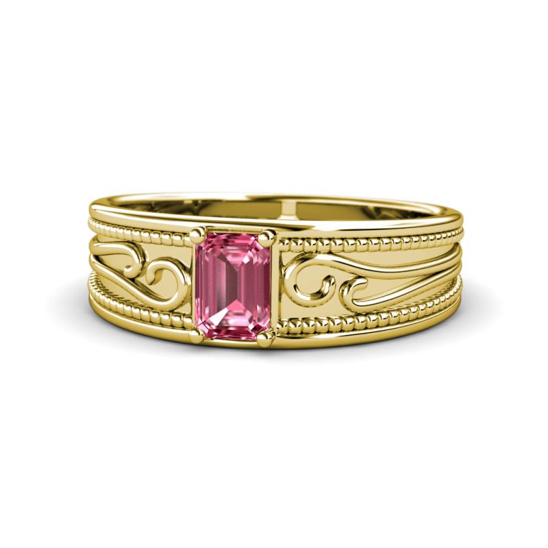 Aileen Bold 7x5 mm Emerald Shape Pink Tourmaline Solitaire Wide Band Promise Ring 